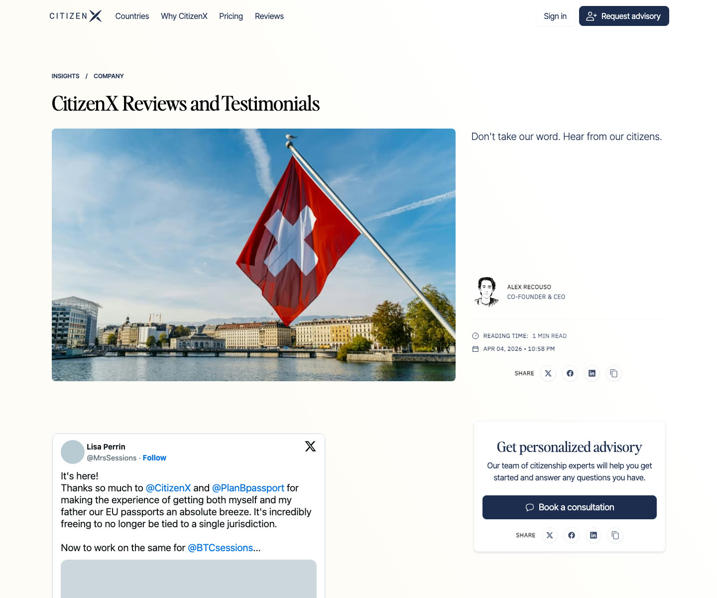 CitizenX reviews page showing citizen testimonials and concierge-focused positioning.