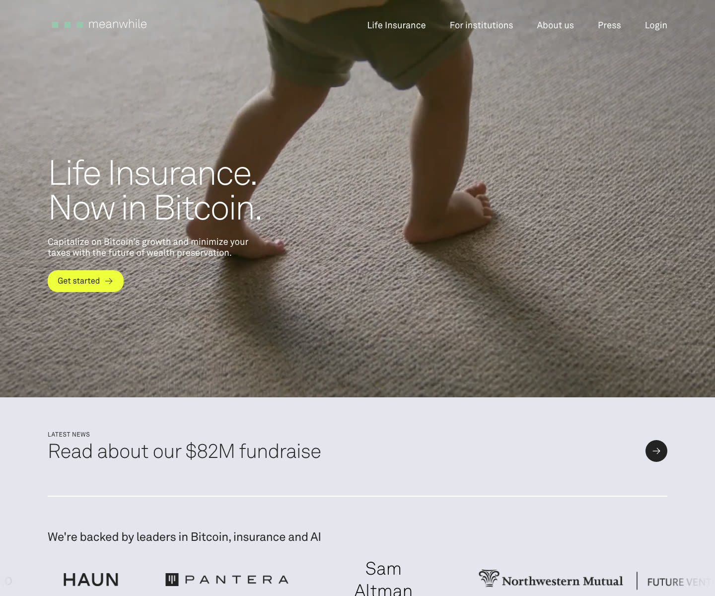 Meanwhile homepage featuring bitcoin life insurance and its $82M fundraise highlight.