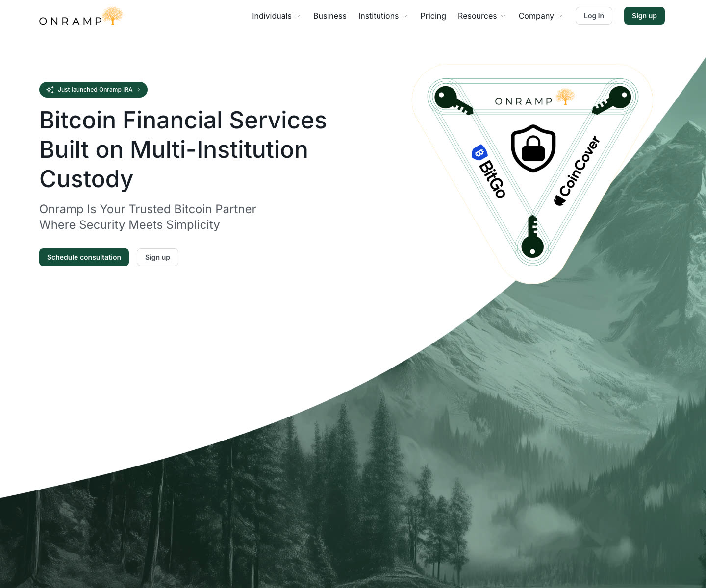 Onramp homepage showing its multi-institution custody model with BitGo and Coincover.