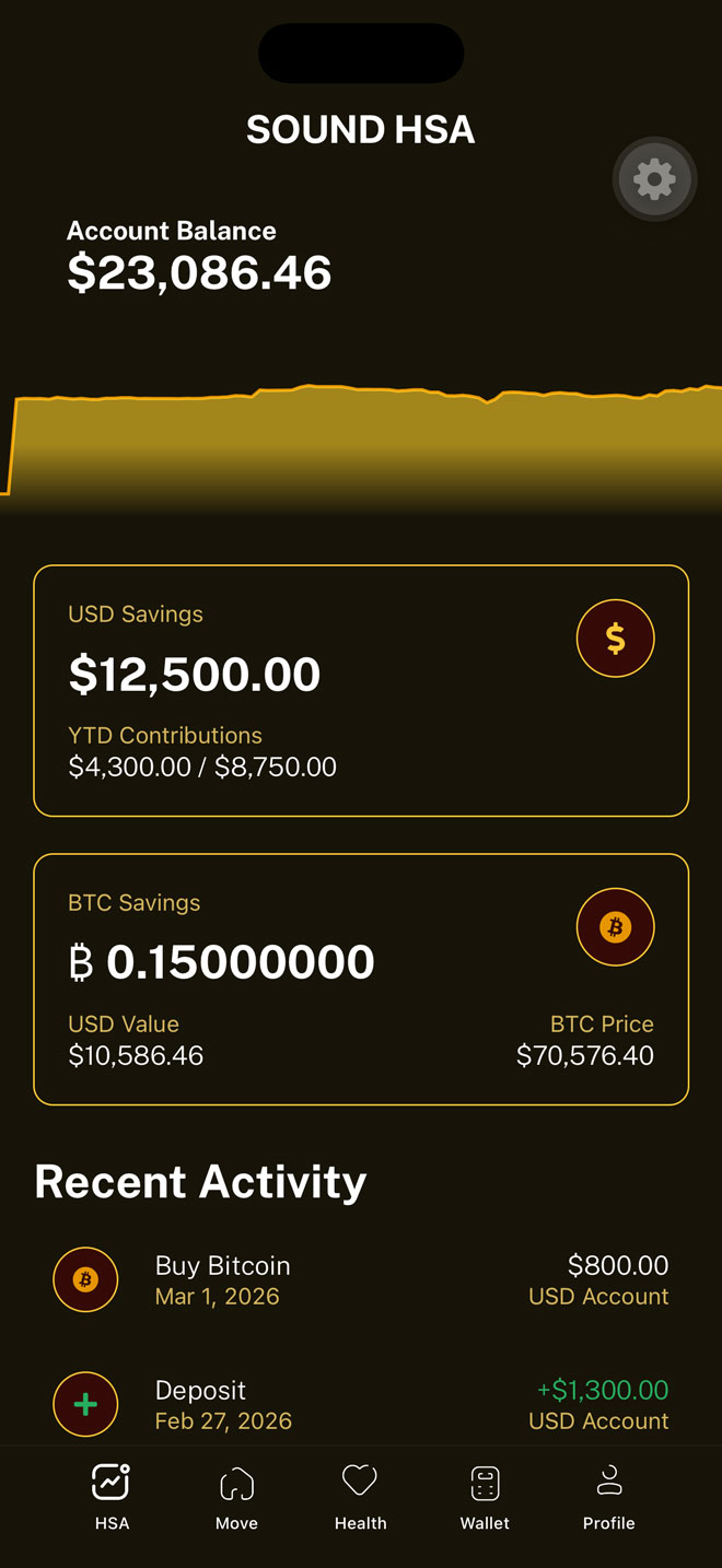 SOUND HSA mobile app screenshot showing account balance, USD savings, BTC savings, and recent activity.
