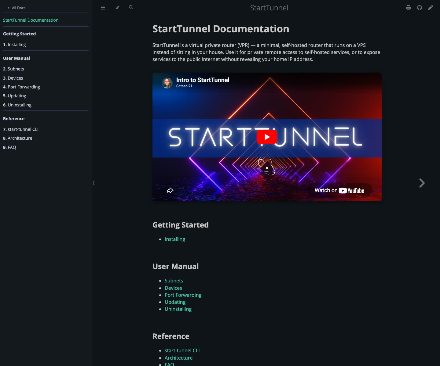 StartTunnel documentation page describing StartTunnel as a virtual private router for private remote access to self-hosted services.