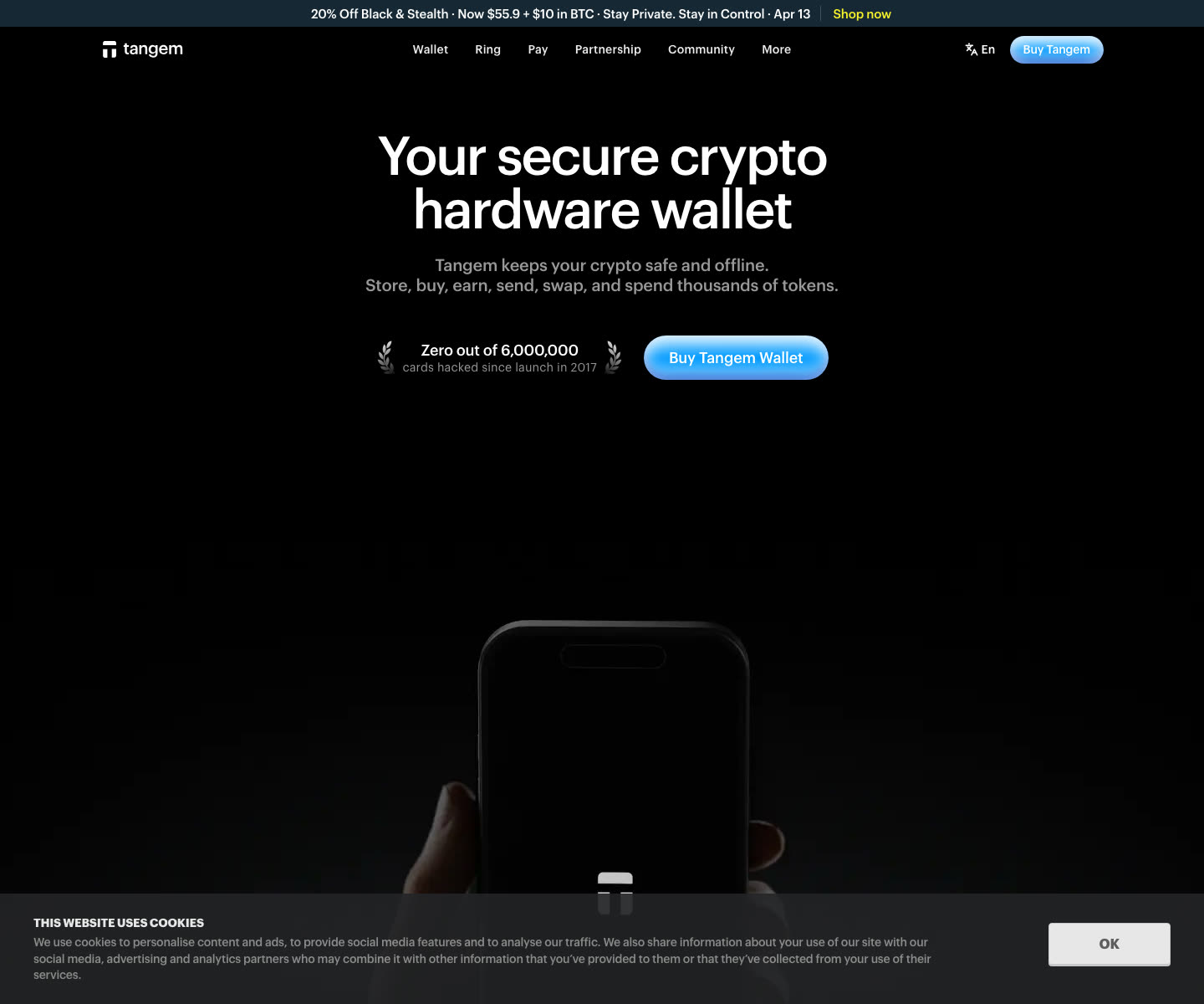 Tangem homepage highlighting its hardware wallet and the claim that zero of 6,000,000 cards have been hacked since launch in 2017.