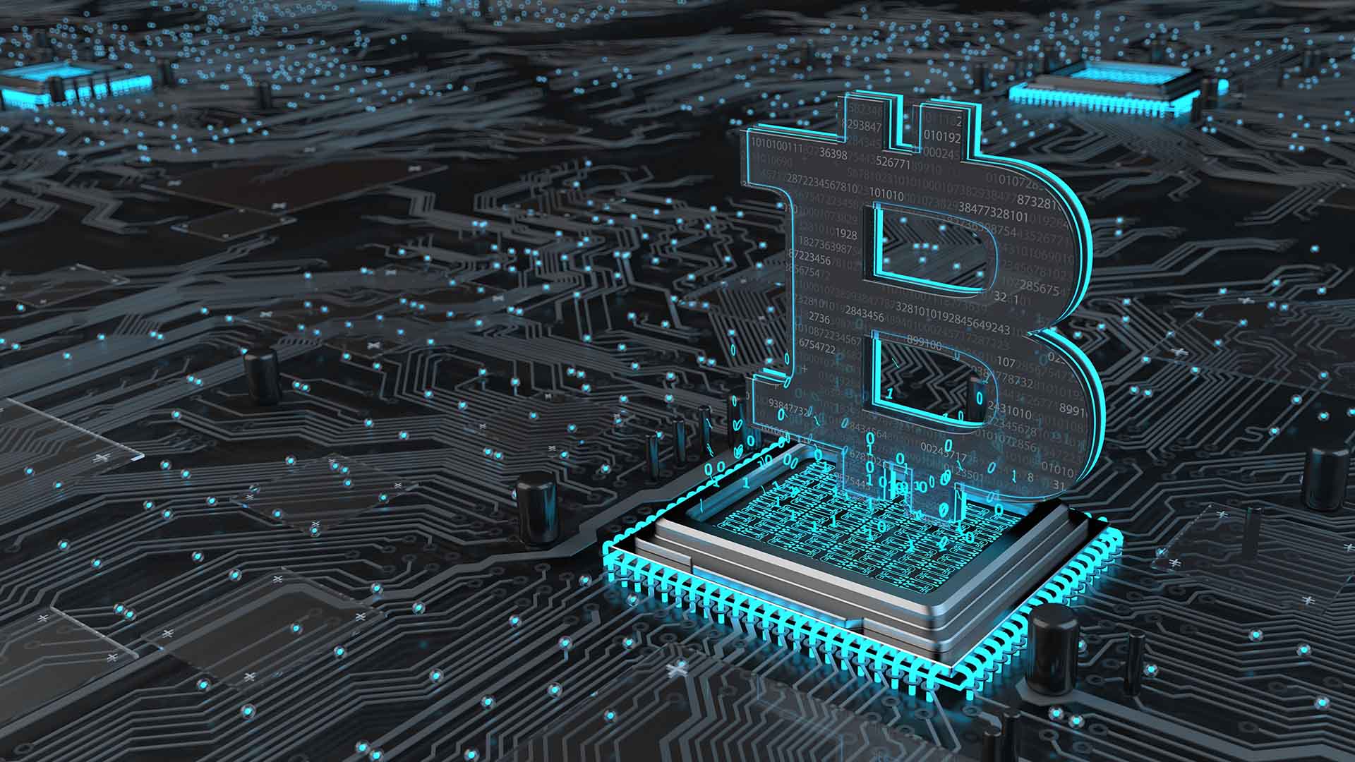 Hardware with motherboard, processor and bitcoin. 3d illustration.